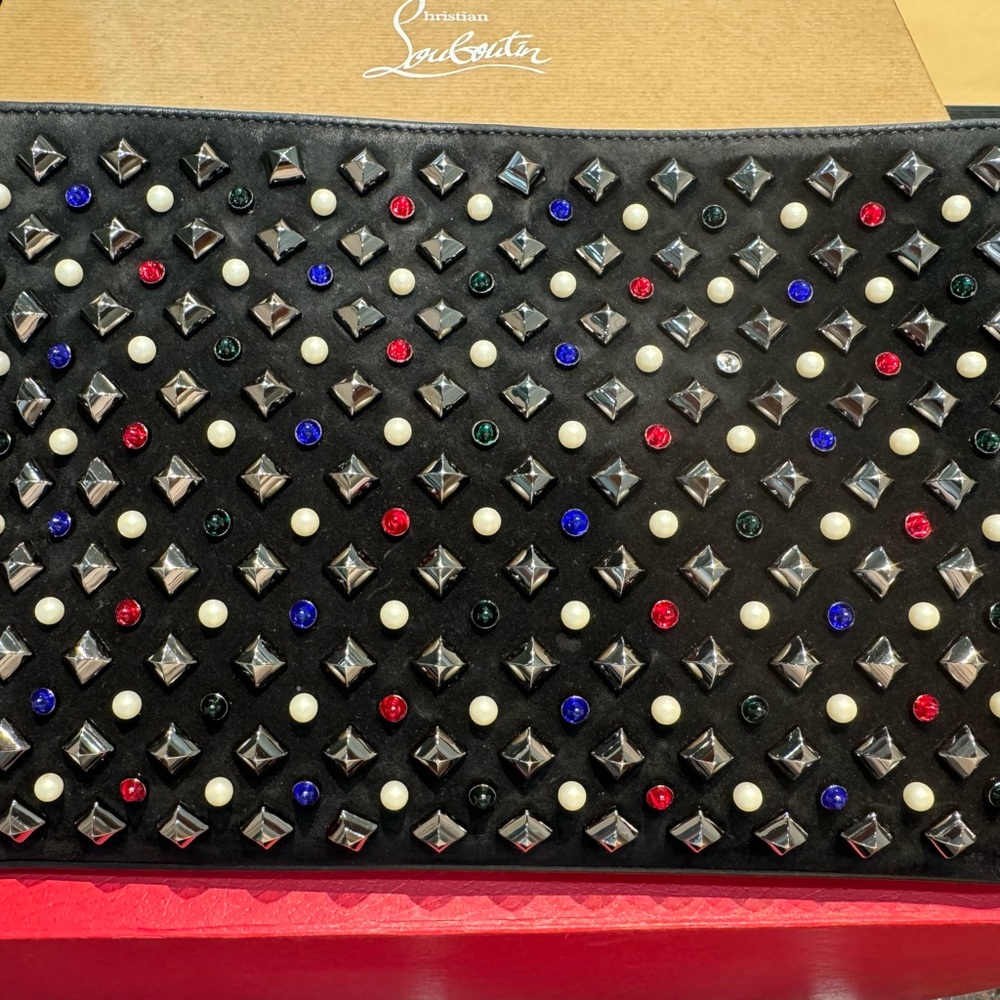 Handbags Christian Louboutin Black Suede Loubiposh Spiked Tudor Clutch Bag - Picture 4 of 9